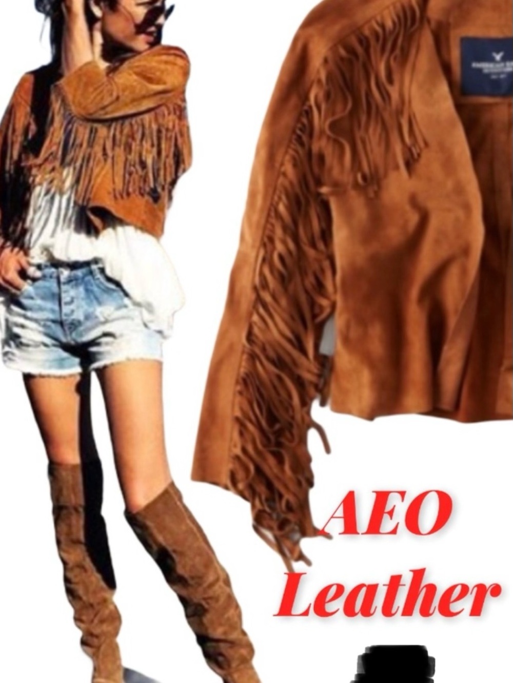 American Eagle Outfitters Genuine Suede Fringe Jacket Boho Western Brown Cropped - Picture 2 of 9